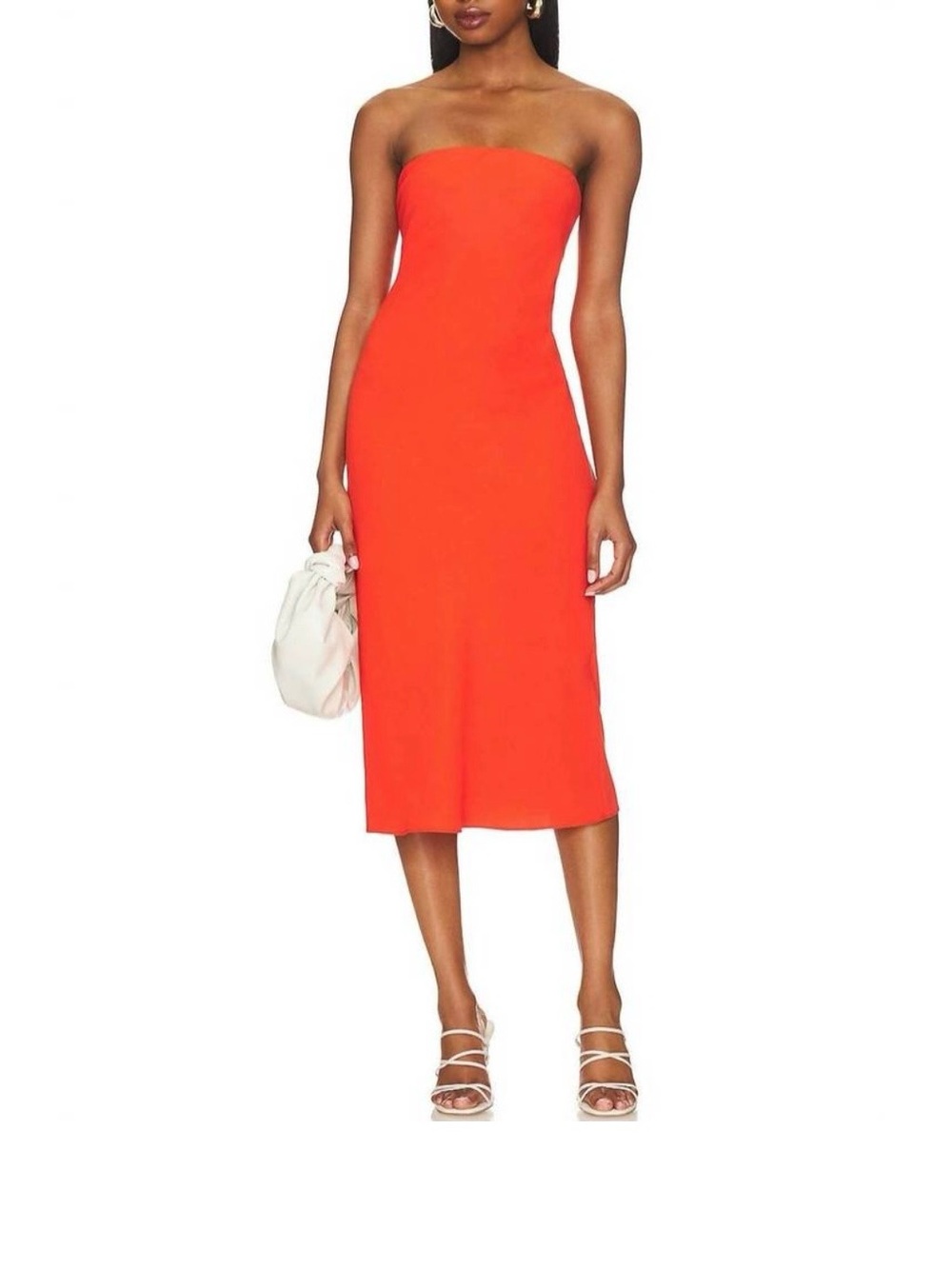 Amanda Uprichard Shiran Strapless Coral Orange Midi Dress